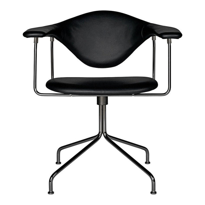 Black leather chair with a sleek, minimalist design and chrome accents. Perfect for modern decor.