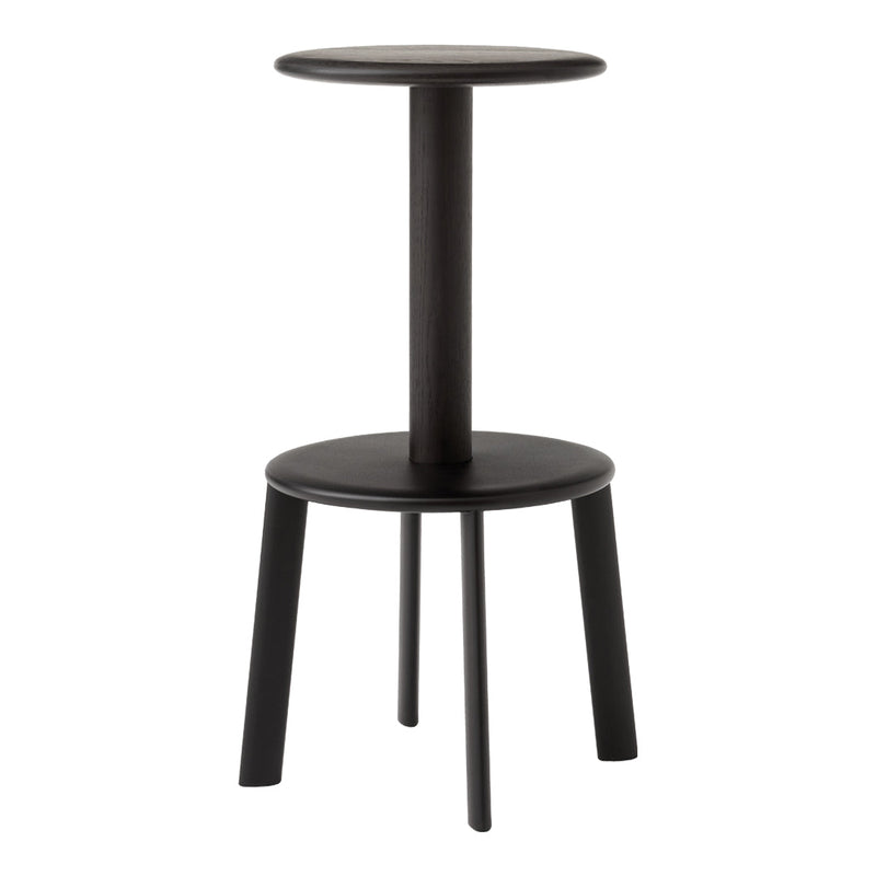 Black wooden stool with a sleek, minimalist design featuring two circular surfaces and four sturdy legs.