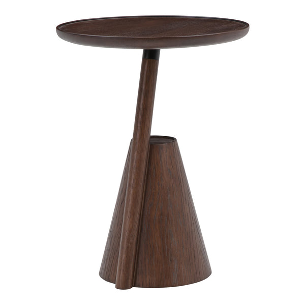 Modern brown wooden side table with a smooth circular top and conical base. Elegant, minimalist design.