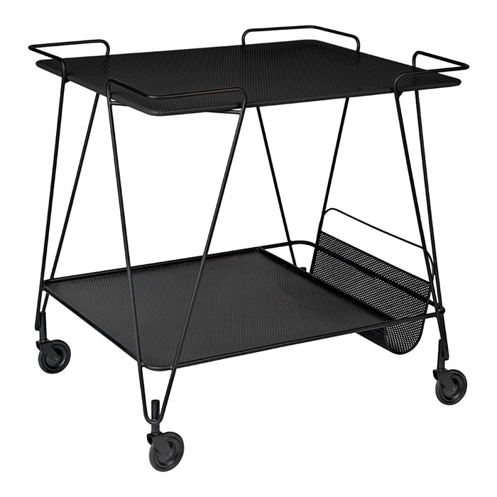 Black metal serving cart with sleek design, featuring a solid black top and bottom, showcasing a minimalist pattern.