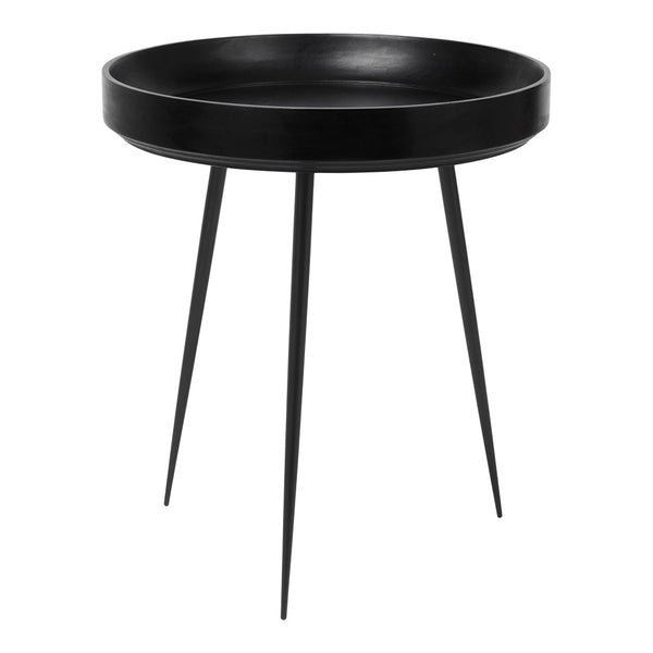 Black round tray table with sleek, minimalist design and thin black legs, perfect for modern decor.