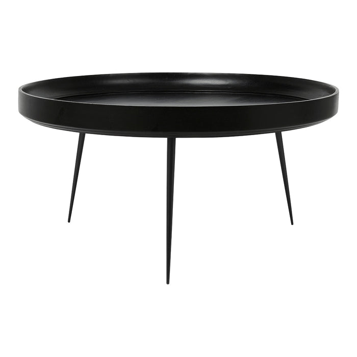 Elegant black round coffee table with tapered legs, featuring a smooth, minimalist surface design. Perfect for modern decor.