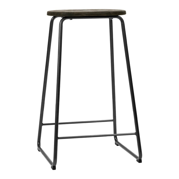 "Industrial-style bar stool with a rustic wood seat and sleek black metal legs, perfect for modern decor."