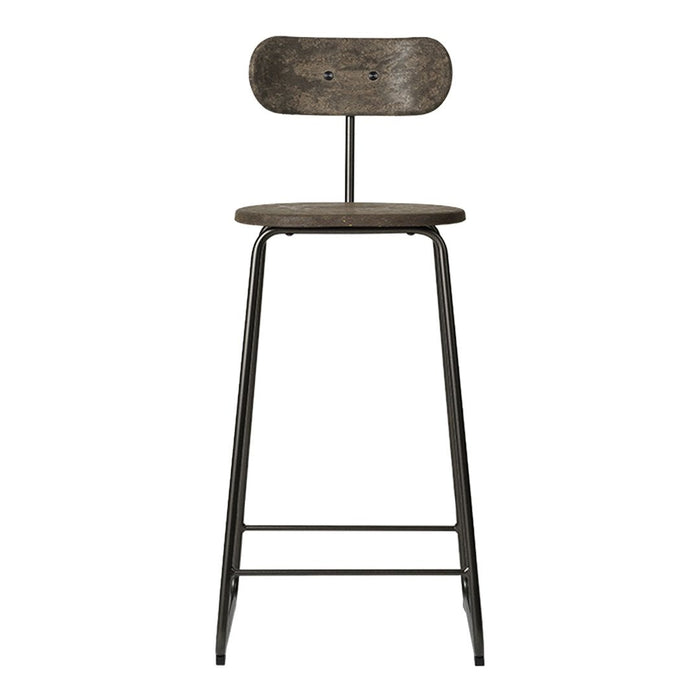 Rustic gray wooden stool with a sleek black metal frame, featuring a minimalist design and simple lines.