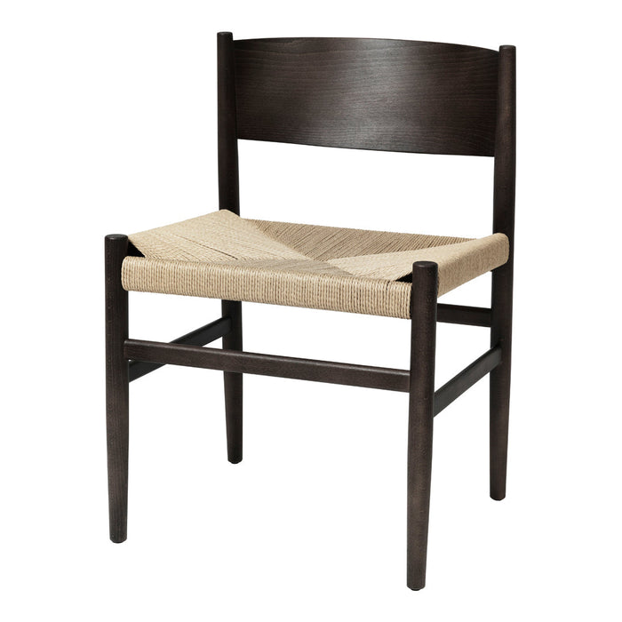 Dark wooden chair with a light beige woven seat and simple, clean lines. Modern, minimalist design.