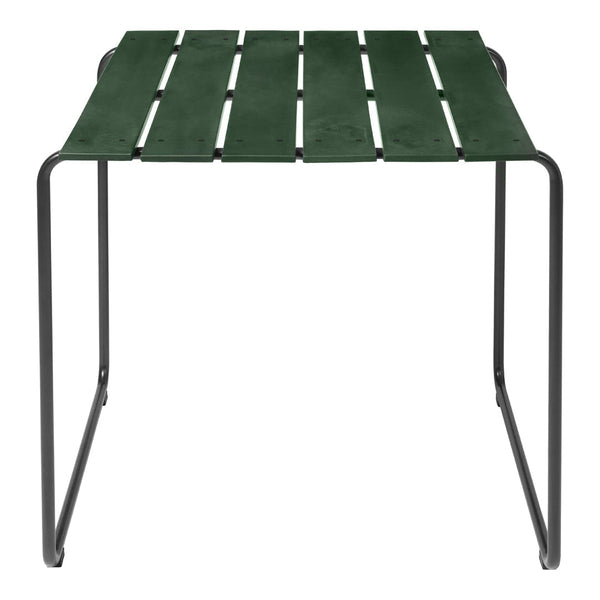 Green slatted top table with black metal frame, perfect for outdoor or indoor use.