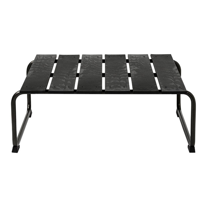 Black metal shoe rack with a slatted design, featuring clean lines and a sleek finish. Ideal for modern spaces.