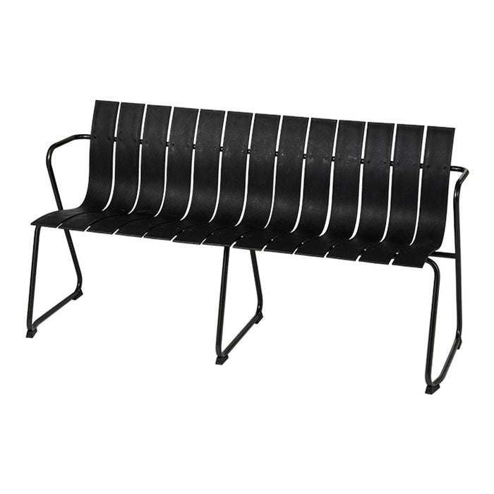 Black and white striped metal bench with a modern design, featuring sleek lines and a minimalist aesthetic.