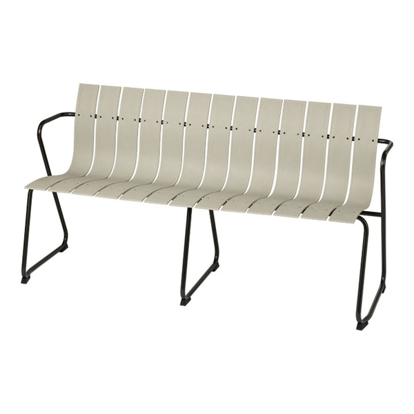Light beige bench with sleek, horizontal slatted design and black metal frame, perfect for outdoor or indoor use.
