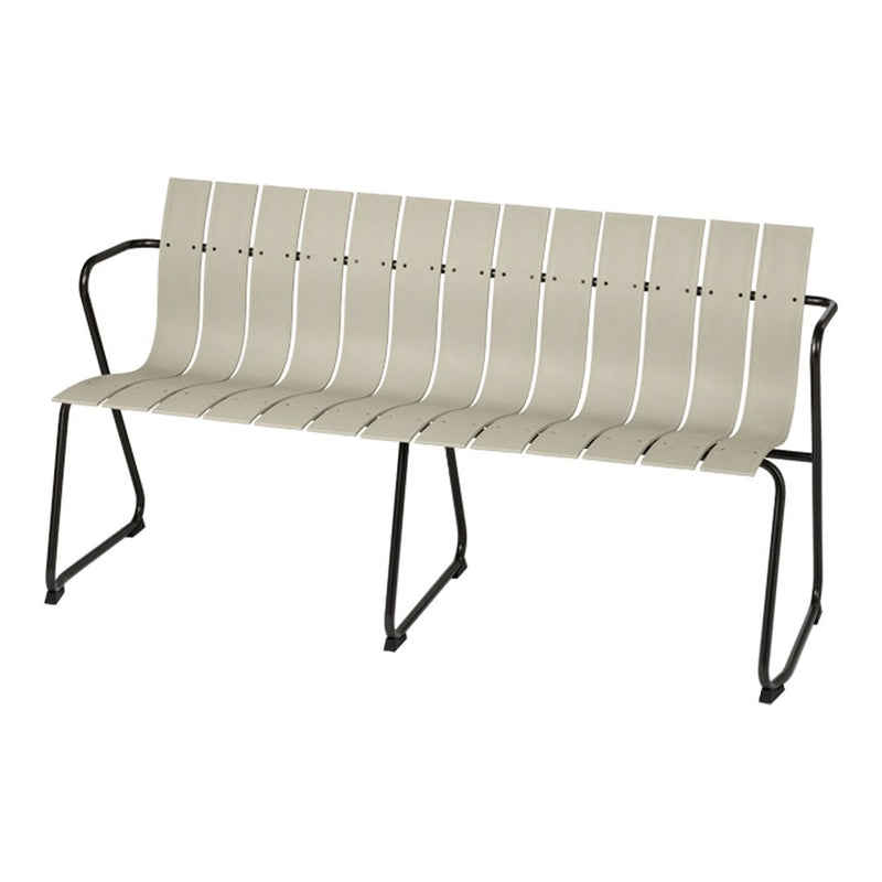 Light beige bench with sleek, horizontal slatted design and black metal frame, perfect for outdoor or indoor use.
