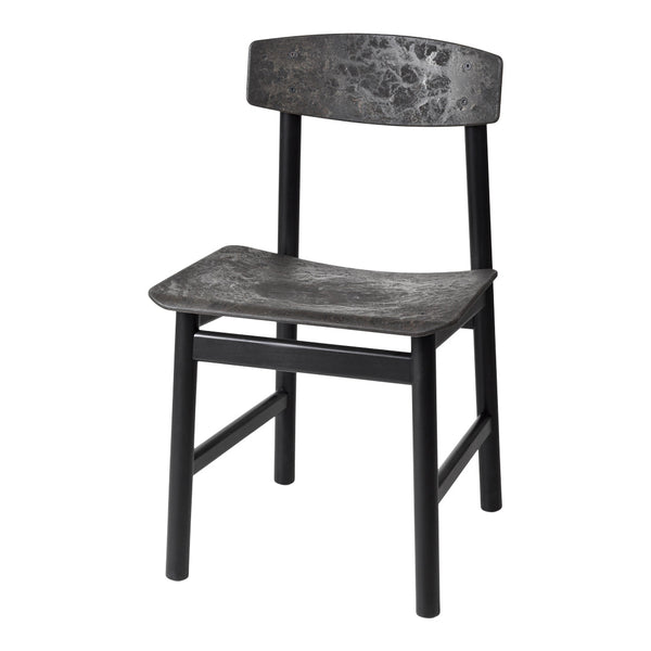 Black and gray modern chair with a textured marble-patterned seat and backrest. Minimalist design for contemporary spaces.