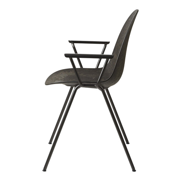 Stylish black armchair with a sleek gray seat and minimalist metal frame, perfect for modern decor.