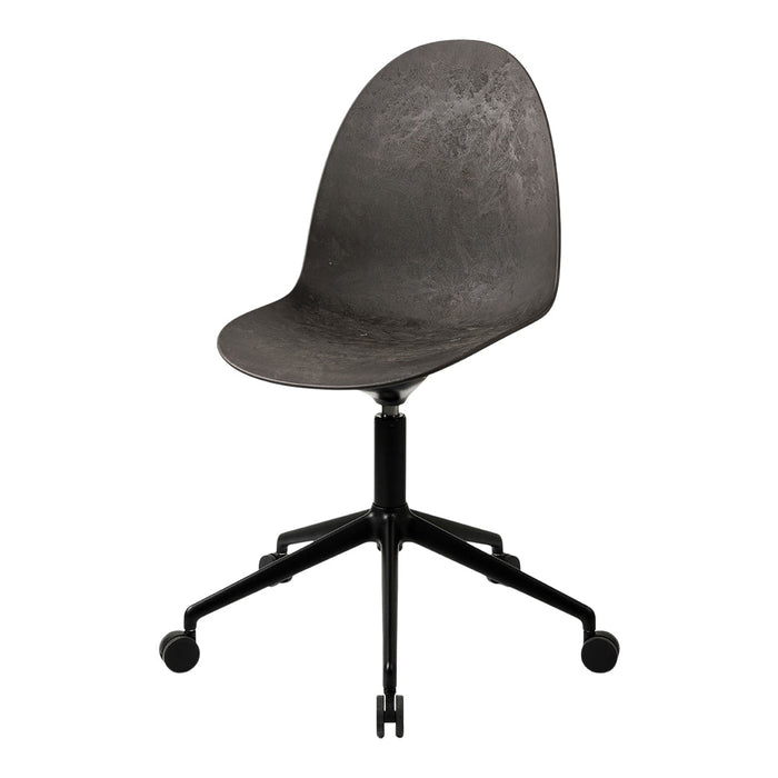 Stylish gray chair with a smooth, matte finish and a black wheeled base, perfect for modern office decor.