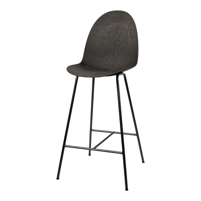 Black bar stool with a smooth, curved seat and sleek metal legs, featuring a minimalist and modern design.