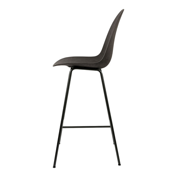 Elegant black bar stool with a sleek curved seat and minimalist metal legs, perfect for modern decor.