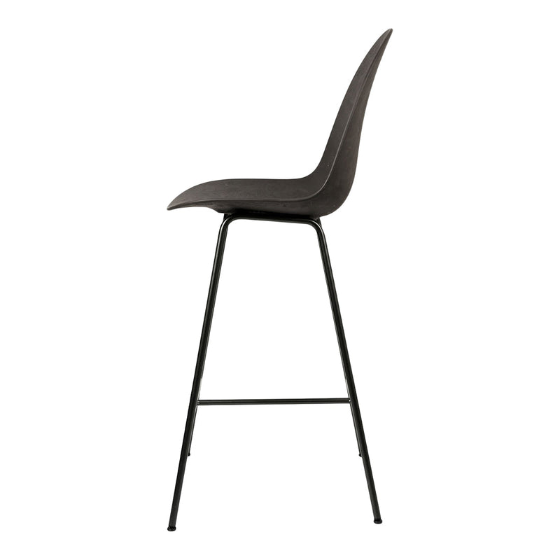 Elegant black bar stool with a sleek curved seat and minimalist metal legs, perfect for modern decor.