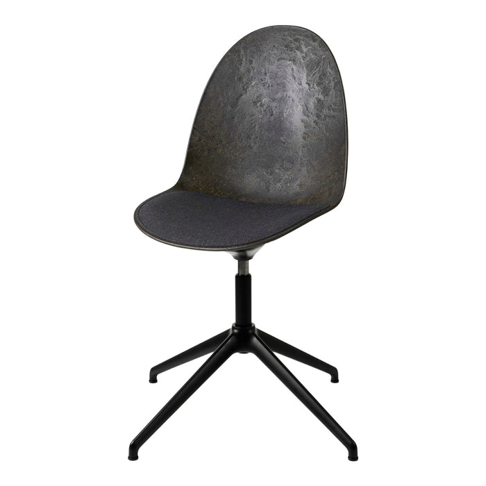 Sleek black chair with a textured gray seat and smooth finish, featuring a modern, minimalist design.
