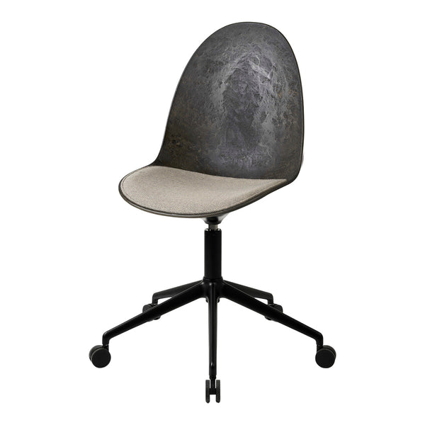 Modern chair featuring a black textured back and light gray upholstered seat on a sleek black base.
