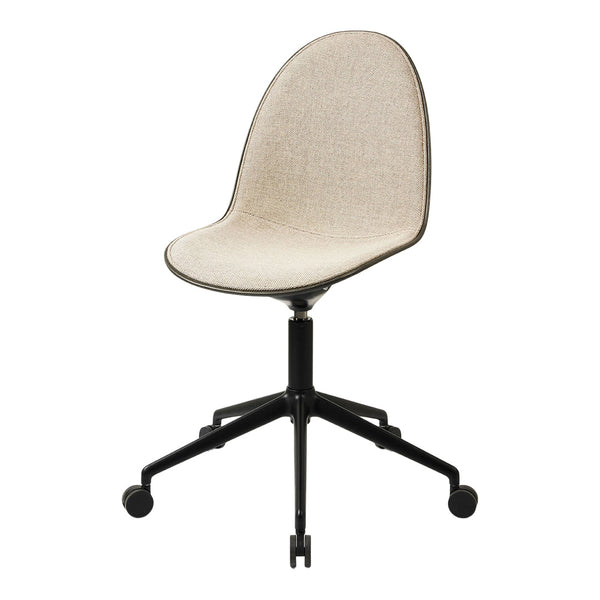 Neutral beige upholstery with a smooth texture, set against a durable black metal base and wheels.