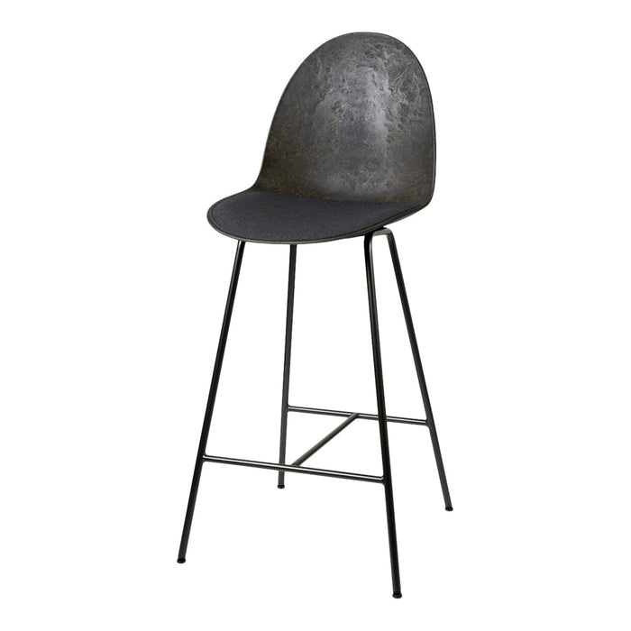 Modern black bar stool with a textured seat and sleek metal legs, adding a stylish touch to any decor.