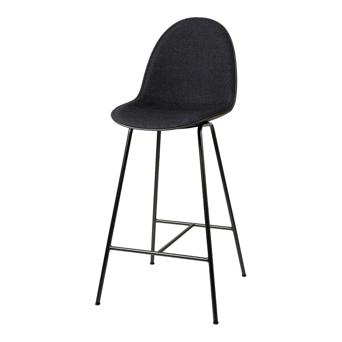 Black upholstered bar stool with sleek metal legs, featuring a simple, modern design.