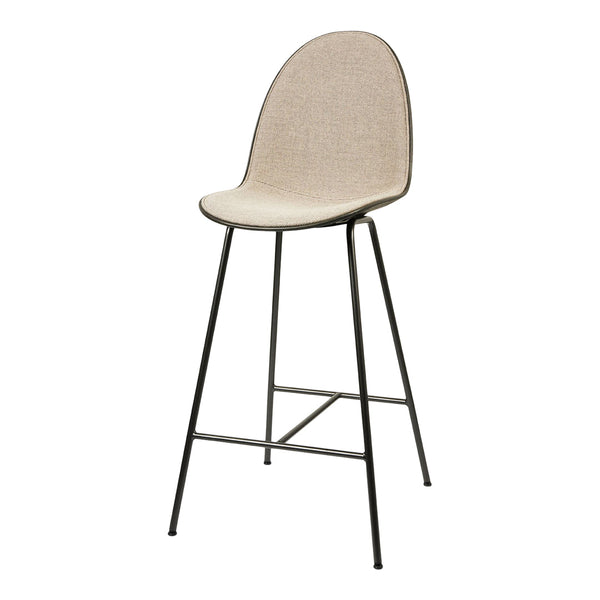 Beige upholstered bar stool with a sleek black metal frame, featuring a minimalistic design and smooth curves.