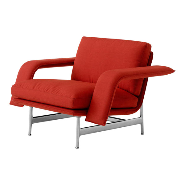 Red upholstered armchair with sleek metal frame, featuring a minimalist design and smooth, clean lines.