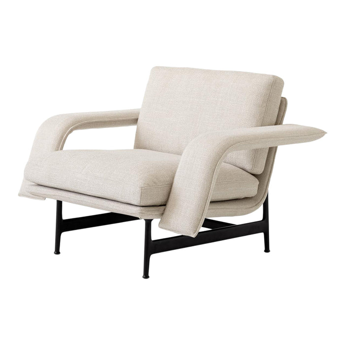 Cream fabric lounge chair with minimalist design and sleek black metal frame. Modern, neutral tones for any decor.