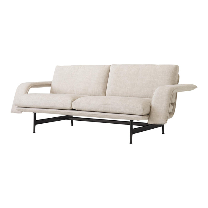 Light beige sofa with a textured fabric, featuring clean lines and black metal legs for a modern look.