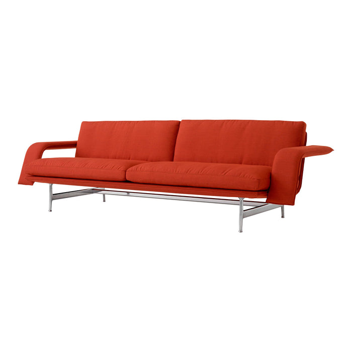 Bright orange sofa with clean lines and a minimalist design, featuring a sleek silver base. Perfect for modern decor.