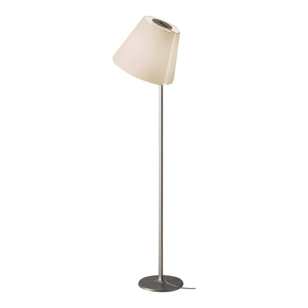 White tapered lampshade on a sleek silver metal base, modern design with minimalistic style.