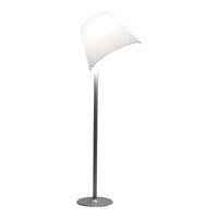 Modern floor lamp with a sleek silver base and a curved white shade, featuring a minimalist design.