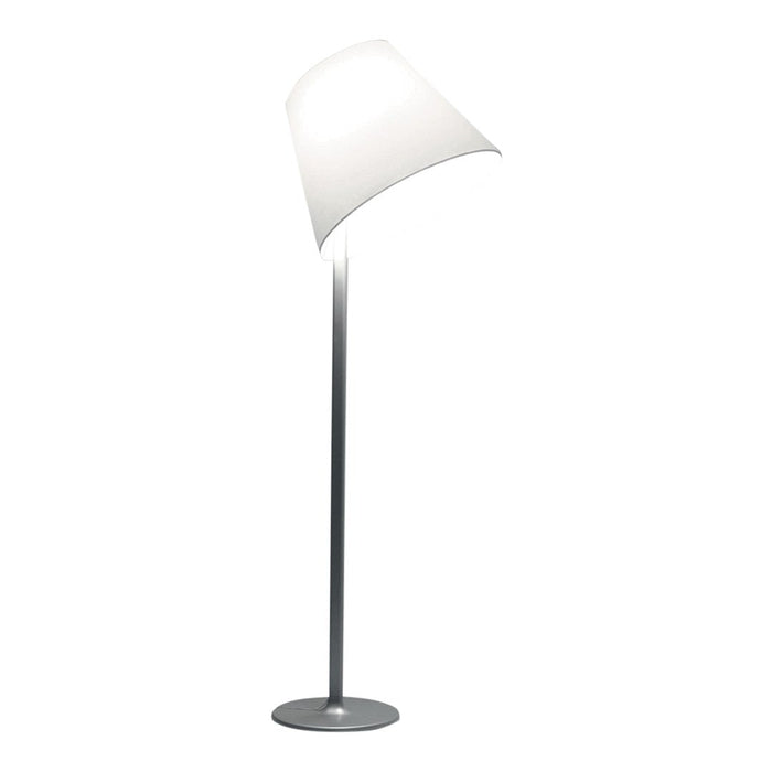 Modern floor lamp with a sleek silver base and a curved white shade, featuring a minimalist design.