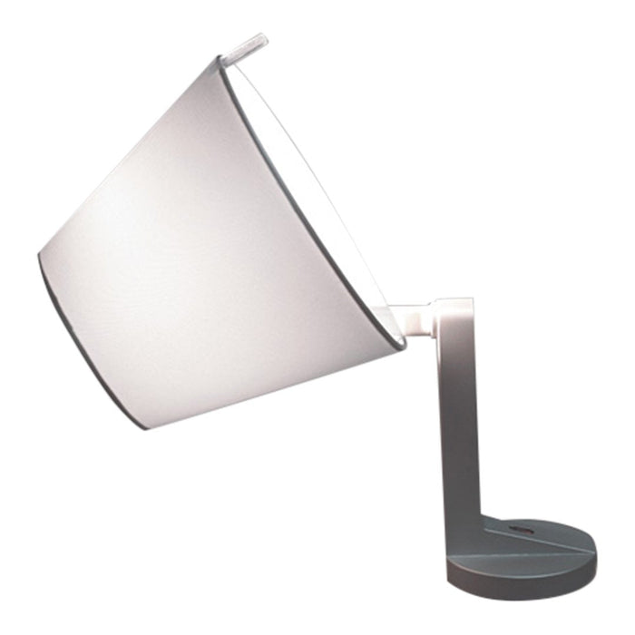 Modern white lamp with a sleek silver base, featuring a minimalist design and smooth, clean lines.