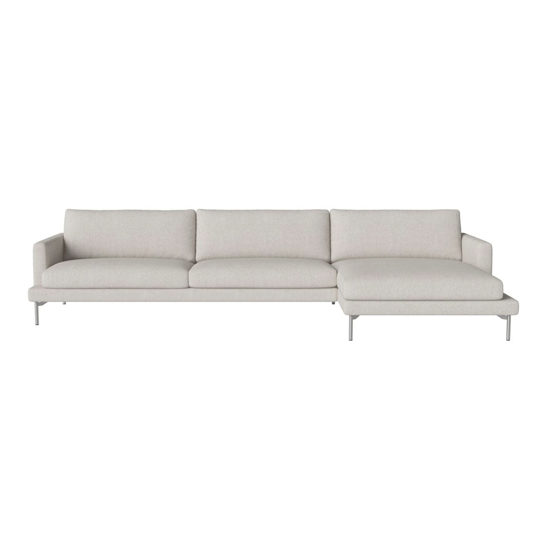 Light gray sectional sofa with clean lines and smooth upholstery, featuring a minimalist design and subtle texture.