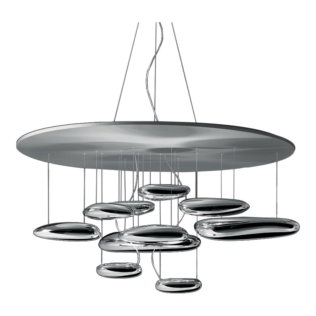 Sleek silver pendant light with smooth, reflective shapes and a modern design, ideal for contemporary spaces.