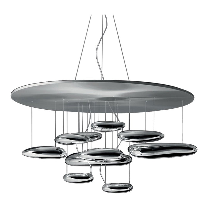 Sleek silver pendant light with smooth, reflective shapes and a modern design, ideal for contemporary spaces.