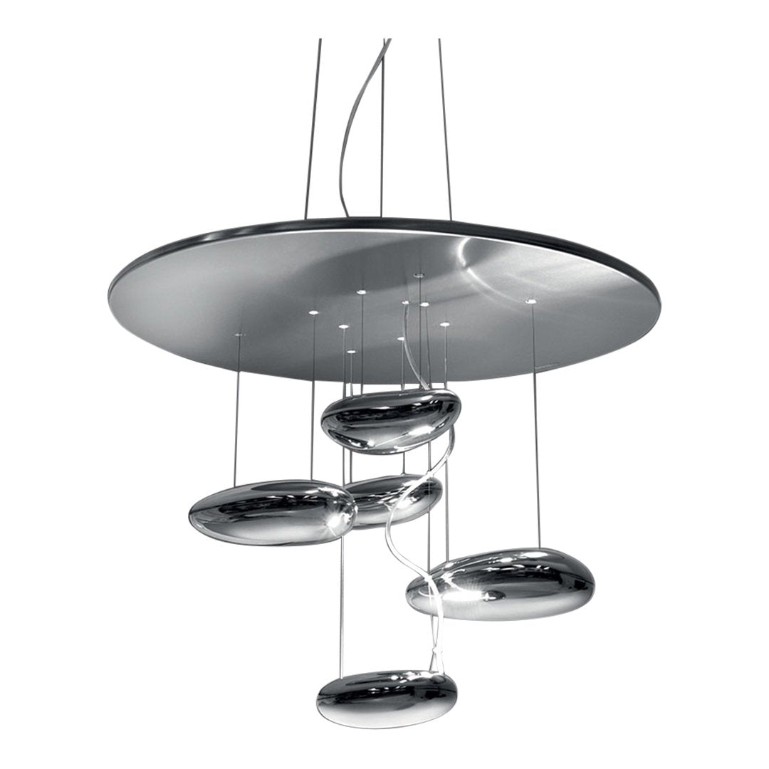 Sleek chrome pendant light with a circular top and five smooth, oval accents reflecting modern elegance.