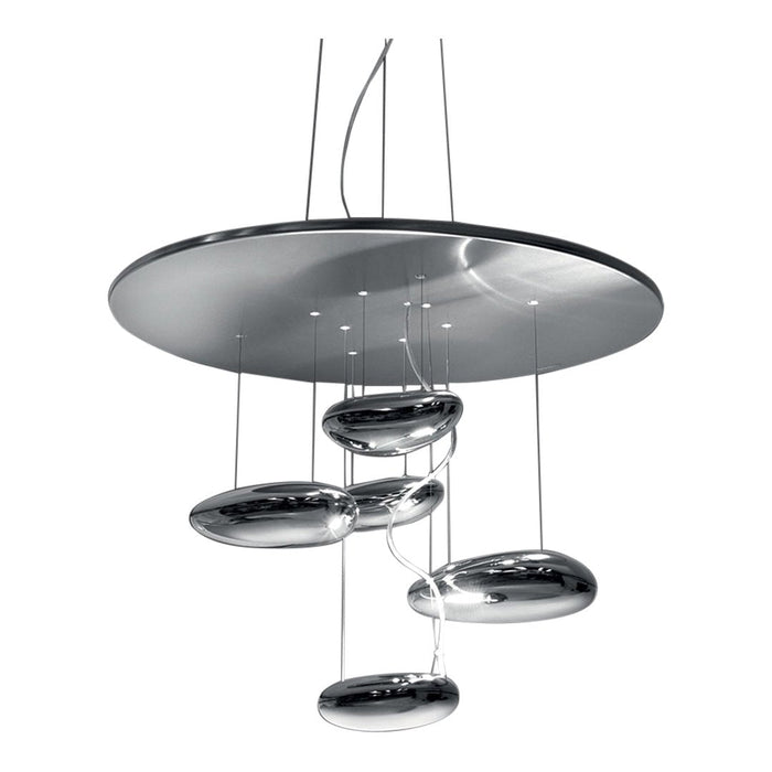 Sleek chrome pendant light with a circular top and five smooth, oval accents reflecting modern elegance.