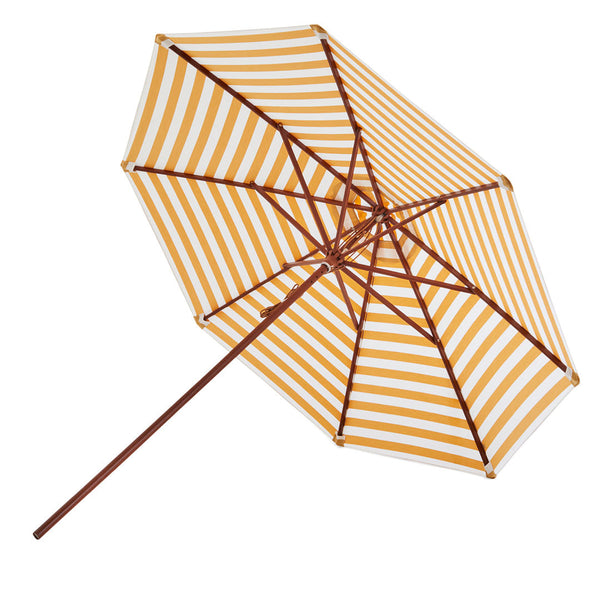 Yellow and white striped beach umbrella with a wooden frame, perfect for sunny days.