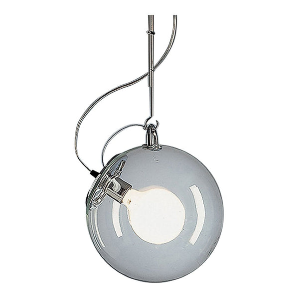 Modern pendant lamp with a glossy silver finish and a sleek round glass shade. Elegant minimalist design.