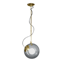 Modern pendant light with a sleek gray glass globe and elegant gold accents. Stylish and contemporary design for any space.