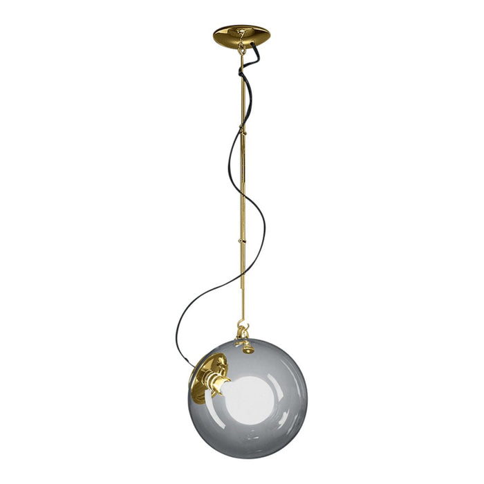 Modern pendant light with a sleek gray glass globe and elegant gold accents. Stylish and contemporary design for any space.