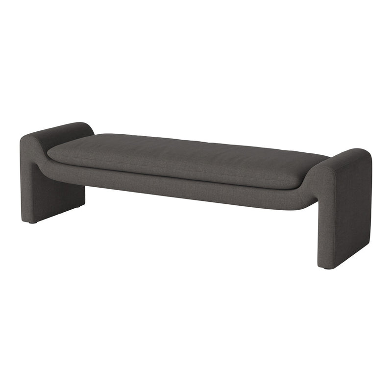 Sleek gray upholstered bench with smooth, minimalist design and soft fabric texture, perfect for modern spaces.