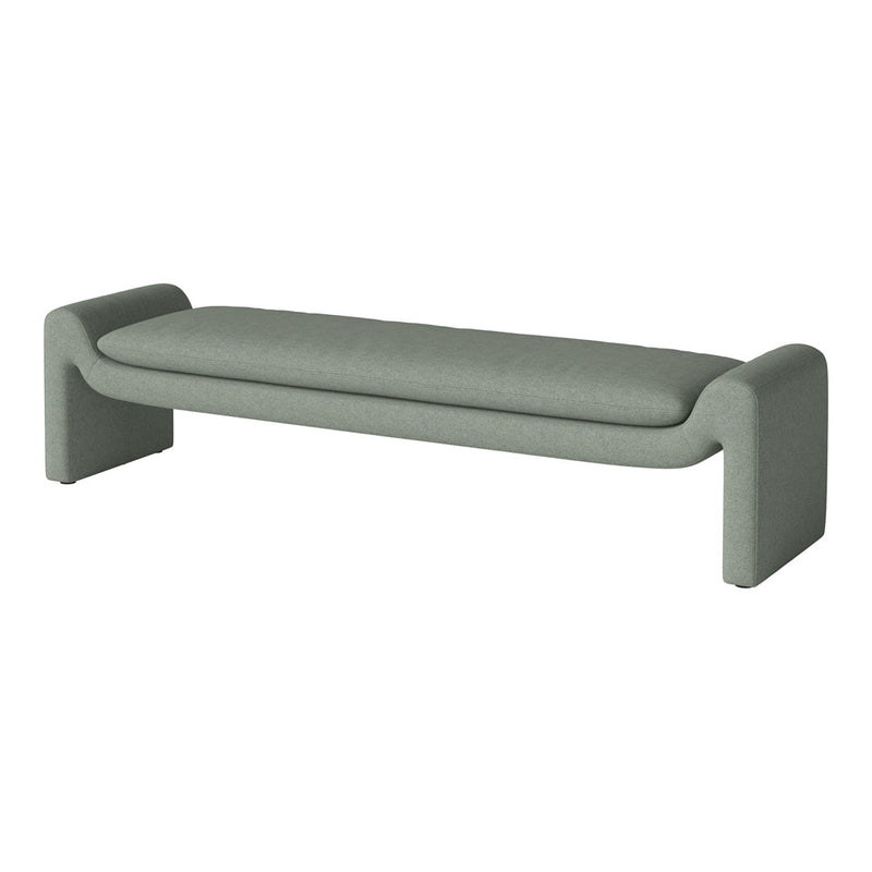 Modern green bench with a smooth fabric texture and minimalist design. Ideal for contemporary interiors.