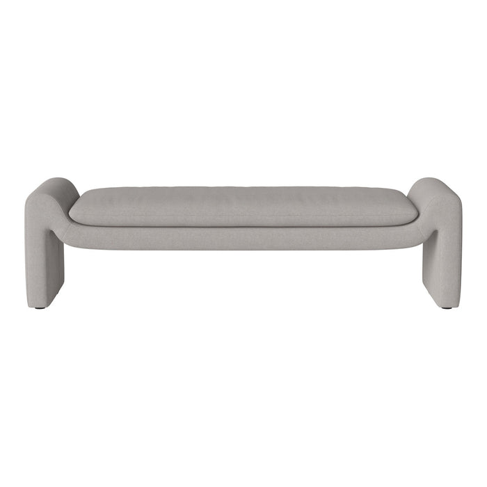Light grey bench with a smooth, minimalist design, featuring soft, rounded edges and a sleek fabric texture.