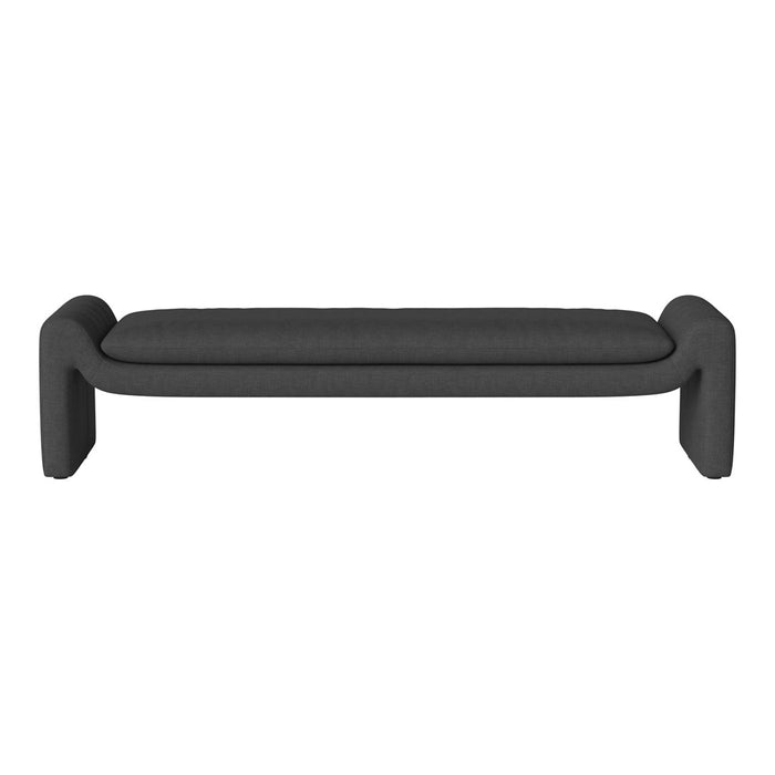 Dark gray upholstered bench with minimalist design and smooth, seamless fabric texture. Perfect for modern decor.