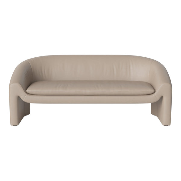 Sleek beige leather sofa with smooth, minimalist design and gentle curves, perfect for modern interiors.