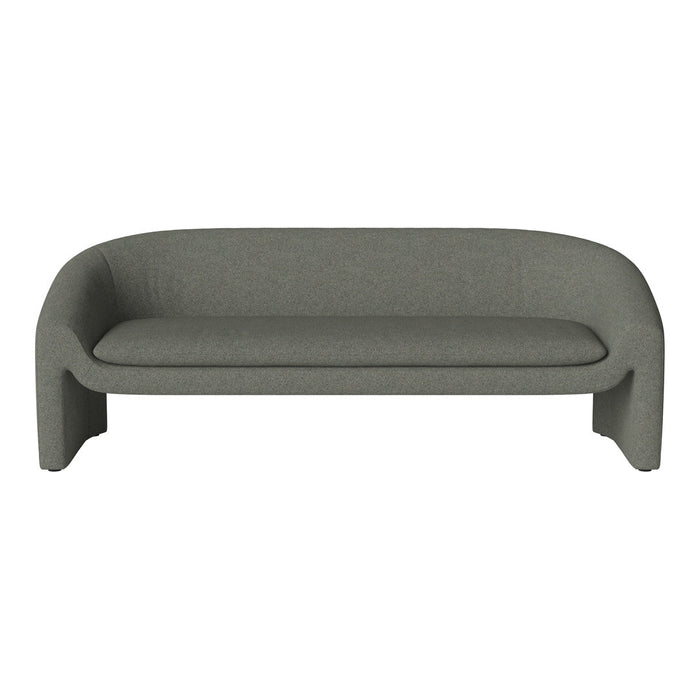 Stylish gray sofa with a smooth, textured fabric and minimalist design, perfect for modern interiors.