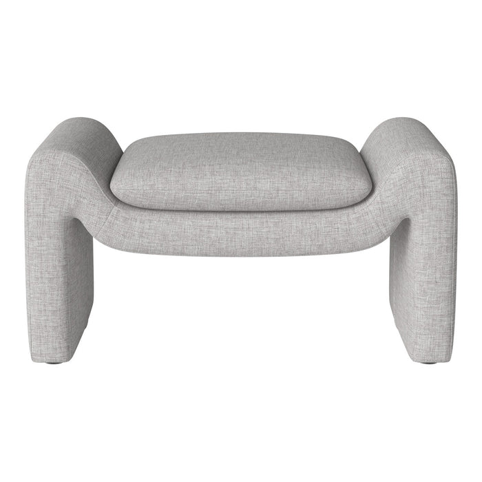 Light gray upholstered ottoman with a textured fabric and soft, rounded edges, perfect for modern decor.